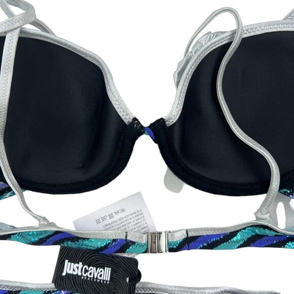 New Just Cavalli Women XS Bikini Two Piece Swimsuit Blue Silver Striped Push-Up - Picture 11 of 15